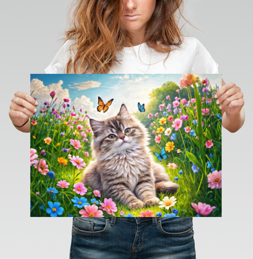 Фотография футболки Котёнок среди цветов с бабочками весенняя нежность природы
