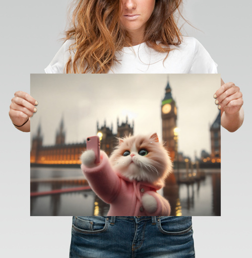 Фотография футболки Кот в пальто делает селфи в Лондоне ночью
