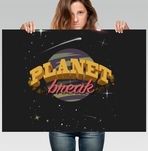 Фотография футболки Яркий логотип PLANET break в космической тематике