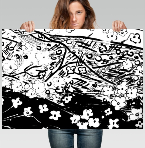 Фотография футболки Ink Flower Sketch Pattern Черно белая цветочная абстракция