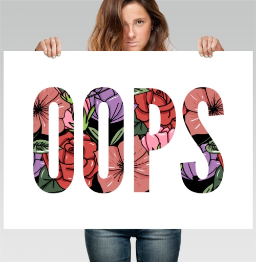 Фотография футболки Цветочная Надпись Ошибка OOPS на Сером фоне