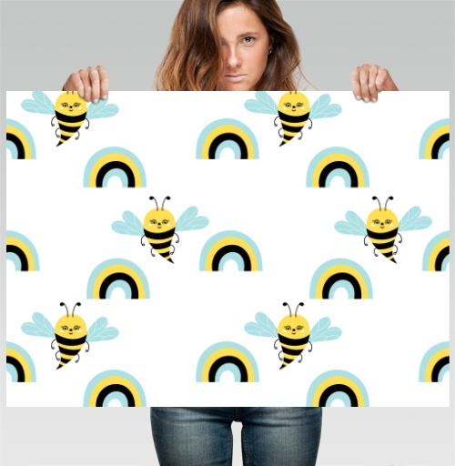 Фотография футболки Весёлые пчёлки летают над радужным ярким небом