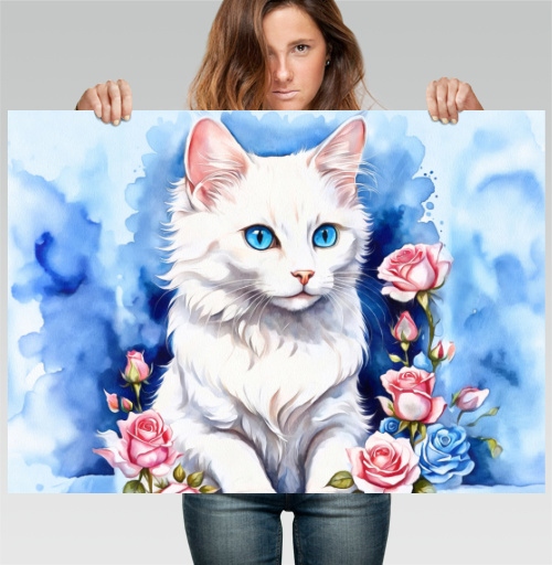 Фотография футболки Белый кот среди цветов синих роз на фоне
