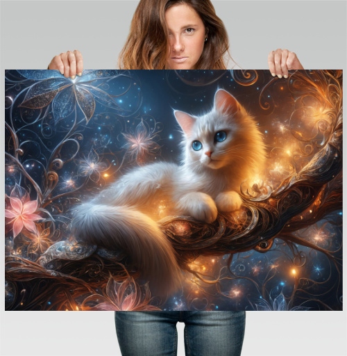 Фотография футболки Белый кот на волшебной ветке с цветами фэнтези