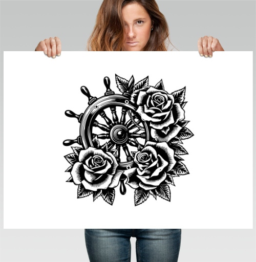 Фотография футболки Штурвал корабля с пышными розами в стиле тату Roses Tattoo Style
