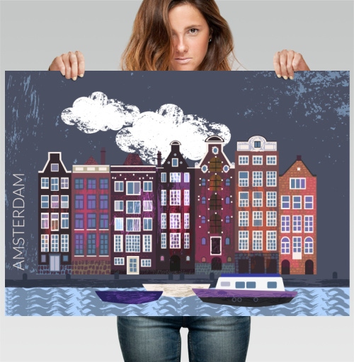 Фотография футболки Вечерние дома Амстердама Amsterdam houses на фоне ночного города