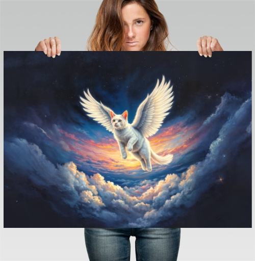 Фотография футболки Магический летающий белый кот ангел в небе Flying white angel cat