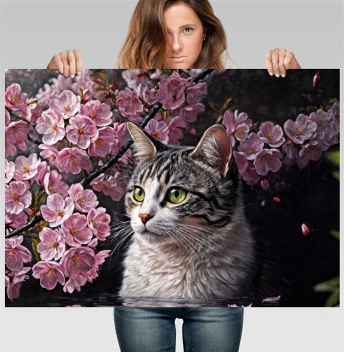 Фотография футболки Cat in sakura – Полосатый кот среди розовых лепестков Кот сакура вишня