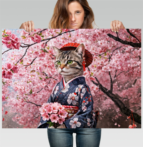 Фотография футболки Кот в кимоно с цветами сакуры