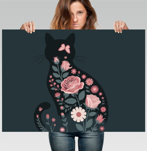 Фотография футболки Изящный грациозный силуэт черного кота в розах Floral cat rose