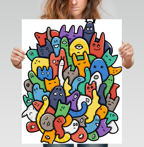 Фотография футболки Весёлое собрание мультяшных монстров doodle art