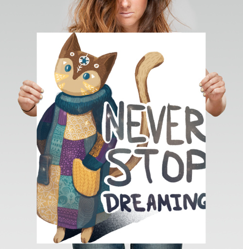 Фотография футболки Яркая вдохновляющая стилизованная кошка NEVER STOP DREAMING