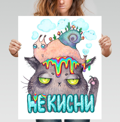 Фотография футболки Унылый кот с яркой улиткой и радужными каплями
