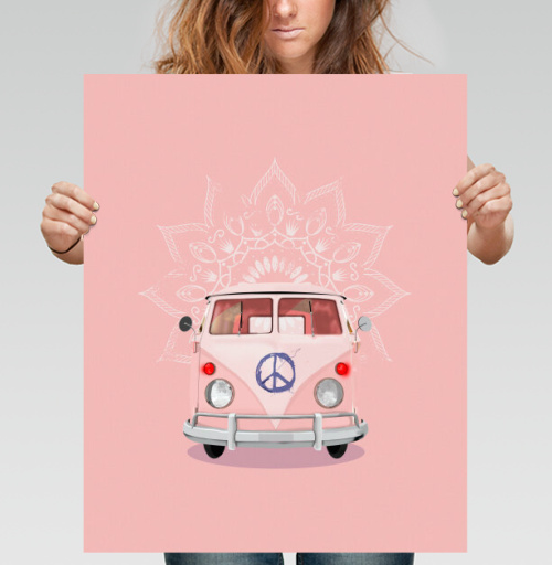 Фотография футболки Розовый Фургон Volkswagen Т1 с Мандалой Хиппи