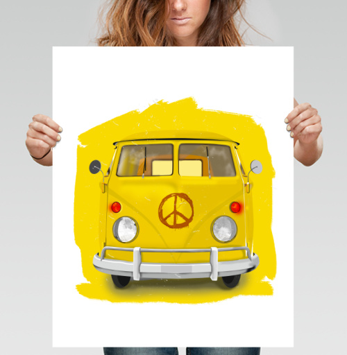 Фотография футболки Яркий жёлтый микроавтобус Volkswagen с символом мира