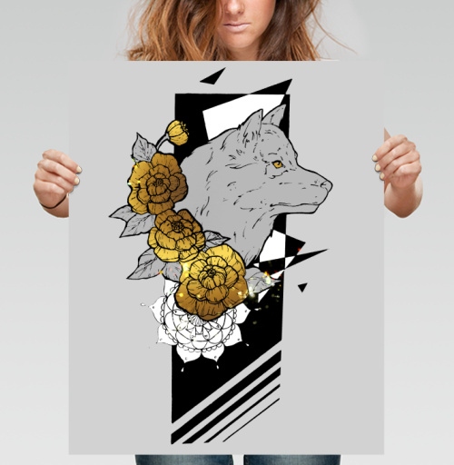 Фотография футболки Волк в золотых цветах
