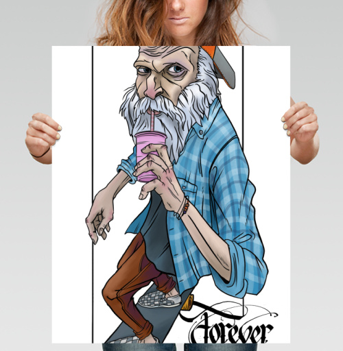 Фотография футболки Пожилой скейтбордист «Forever Young» в кепке