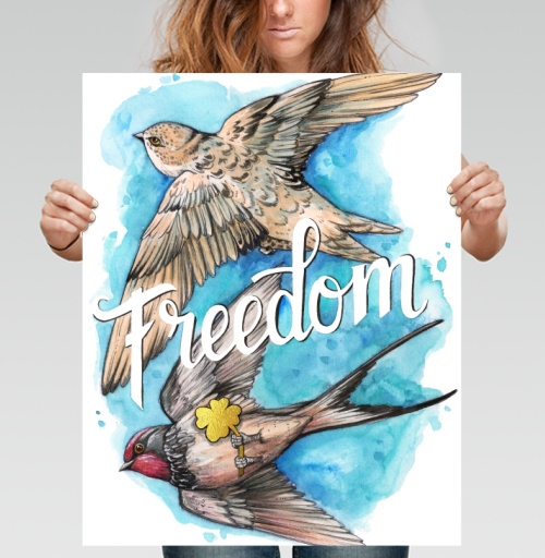 Фотография футболки Freedom – Свобода птицы в небе с золотым клевером удачи Свобода