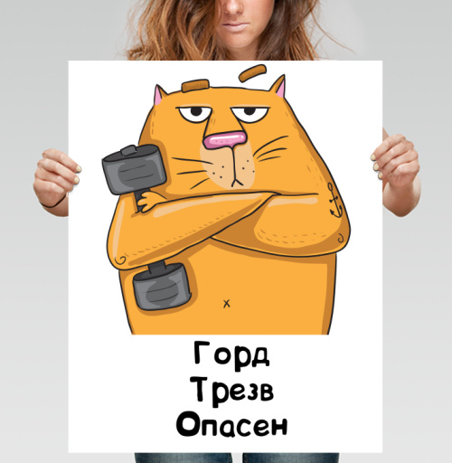 Фотография футболки Оранжевый Кот с Гантелей и Текстом Горд Трезв Опасен