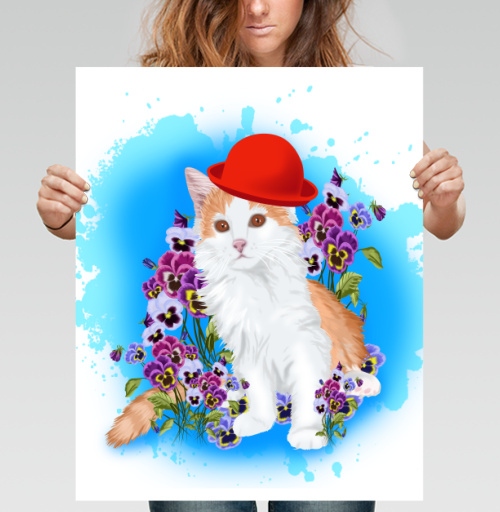 Фотография футболки Кот в красной шляпе и анютины глазки Кот в красной шляпе и анютины глазки