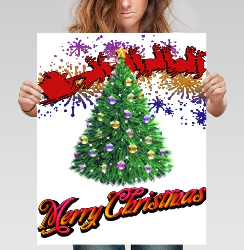 Фотография футболки Яркая новогодняя елка с оленями и Merry Christmas надписью