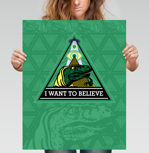 Фотография футболки Велоцираптор Иллюминат с Надписью I WANT TO BELIEVE
