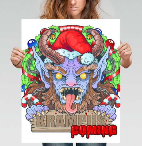 Фотография футболки Яркий принт Крампус с надписью «KRAMPUS IS COMING»
