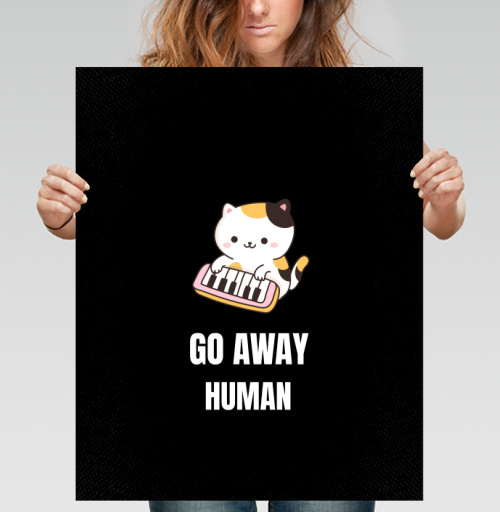 Фотография футболки Мультяшный котёнок с синтезатором и надписью GO AWAY