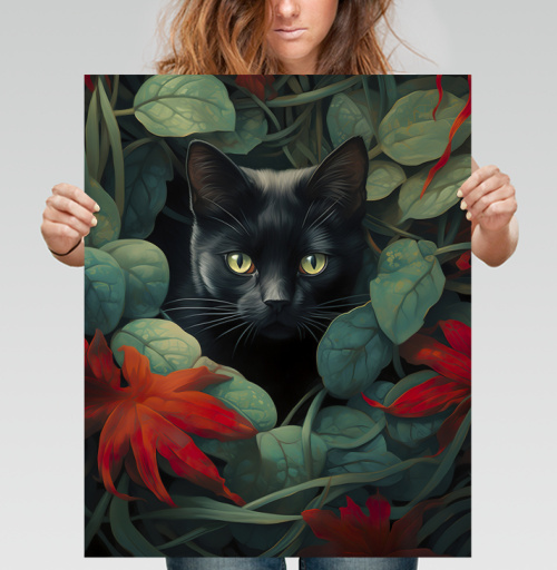 Фотография футболки Кот в зеленой листве с красными листьями Кот в листве