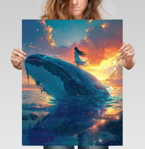 Фотография футболки Девочка стоит на гигантском синем ките закатное небо