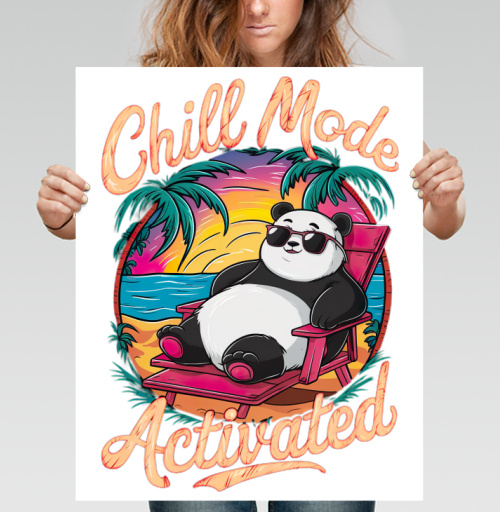Фотография футболки Панда отдых на закате пляж в кресле Chill Mode Activated