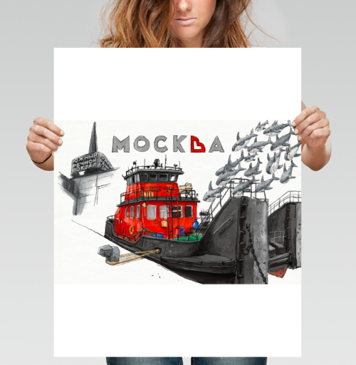 Фотография футболки Red Harbor Tugboat Moscow - Красный портовый буксир Москва у Южного речного вокзала