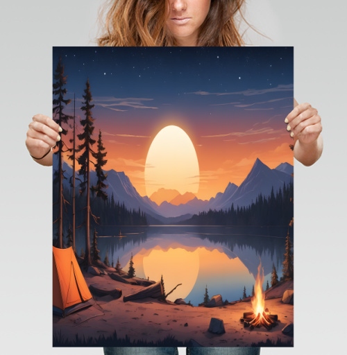 Фотография футболки Nature adventures at the mountain lake sunset / Поход к горному озеру на закате