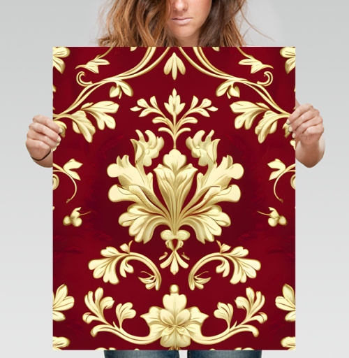 Фотография футболки Золотой дамасский узор на темном бордовом фоне Golden damask pattern