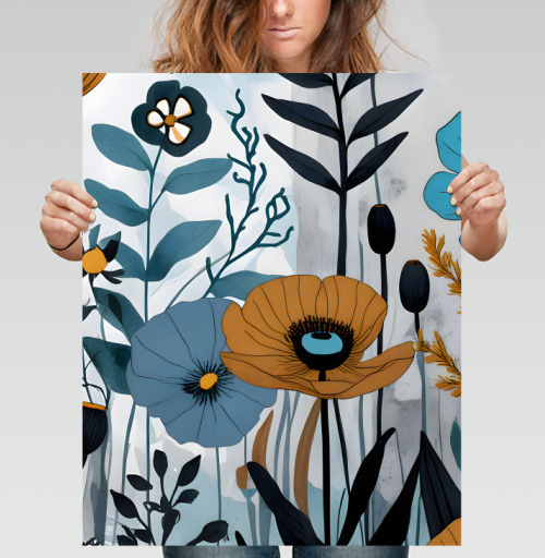 Фотография футболки Дикие горчичные маки и синие полевые цветы Botanical floral pattern