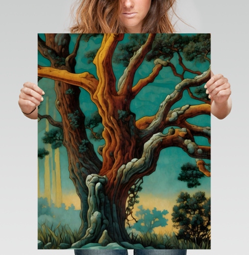 Фотография футболки Golden tree in turquoise forest / Золотое дерево в бирюзовом лесу