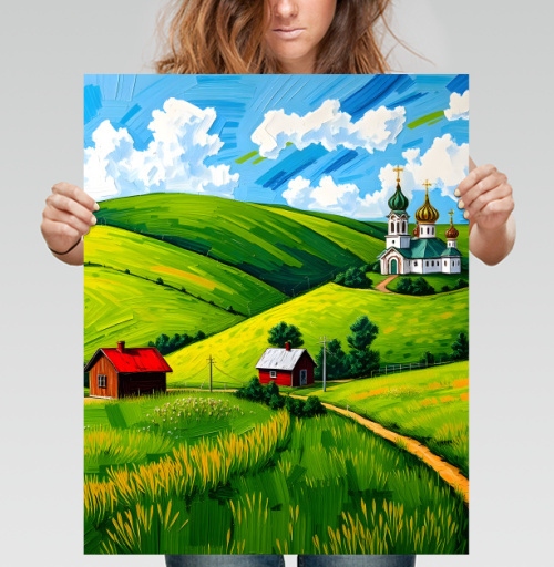 Фотография футболки Village Summer Landscape - Летний сельский пейзаж с золотыми куполами церкви