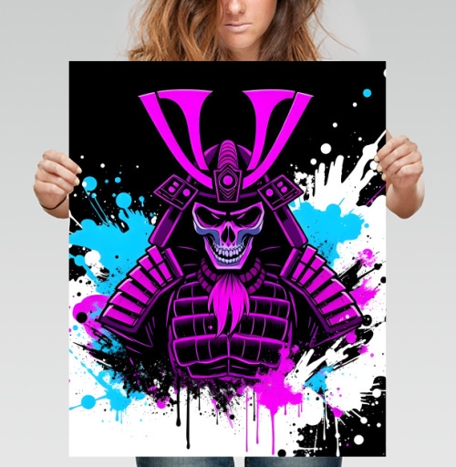 Фотография футболки Neon Cyber Samurai Warrior / Самурай Череп в ярких брызгах краски