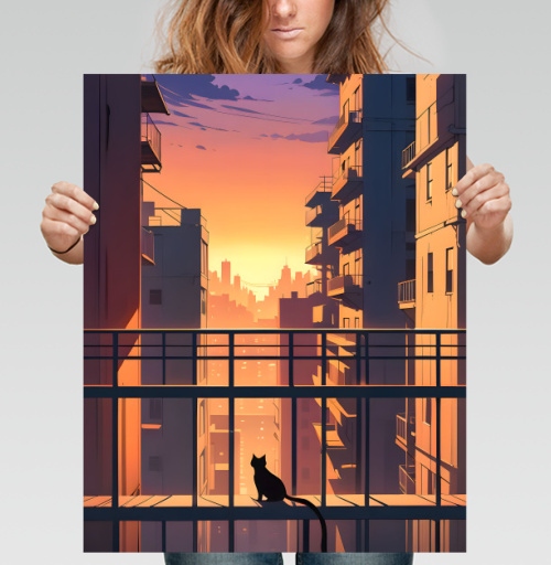 Фотография футболки Silhouette Cat Watching City Sunset Силуэт кота смотрящего на закат города