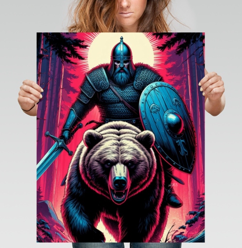 Фотография футболки Viking Warrior Bear / Викинг на медведе в стиле ретроволна медведь воин фэнтези