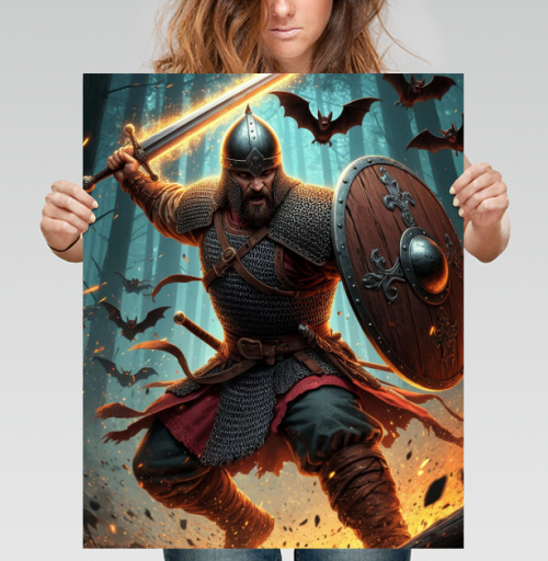 Фотография футболки Viking / Викинг - Яростный викинг с пылающим мечом и щитом воин северная битва