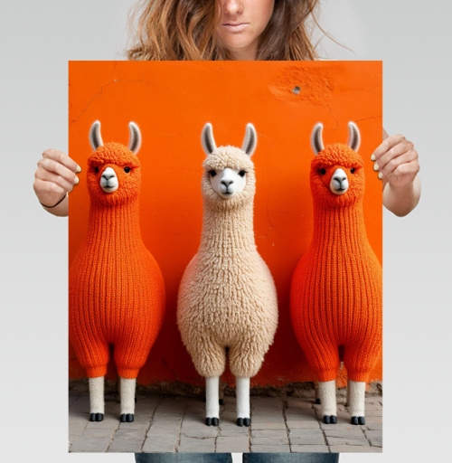 Фотография футболки Llamas in orange sweaters / Ламы в ярких свитерах у оранжевой стены