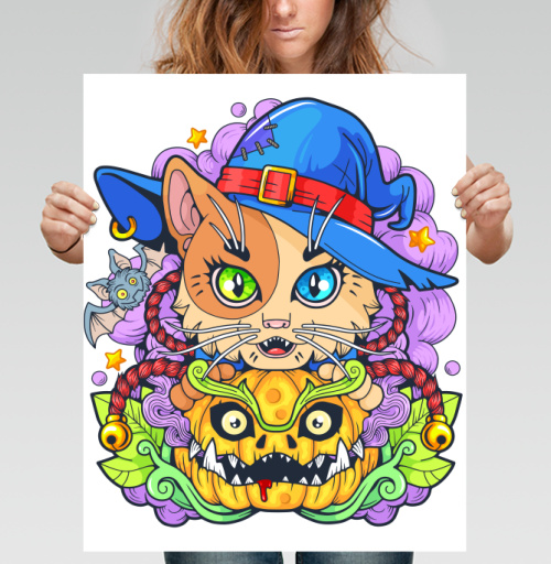 Фотография футболки Кот в шляпе с тыквой и мистикой Halloween