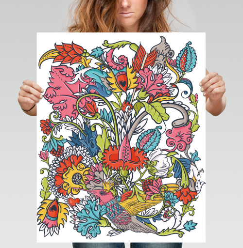 Фотография футболки Vintage floral seamless pattern with bird / Винтажный цветочный бесшовный узор с птицей