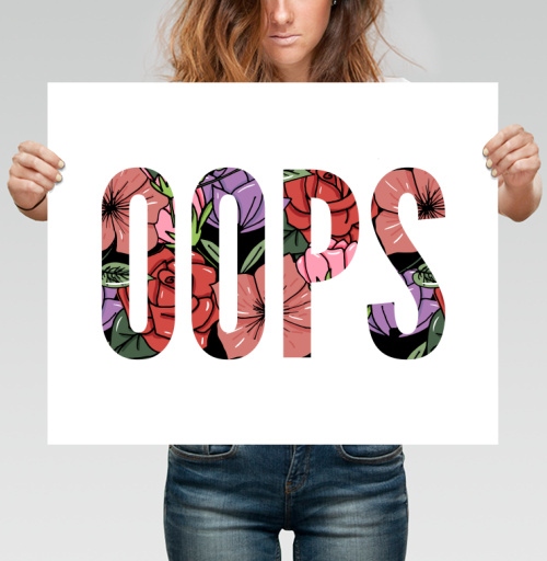 Фотография футболки Цветочная Надпись Ошибка OOPS на Сером фоне