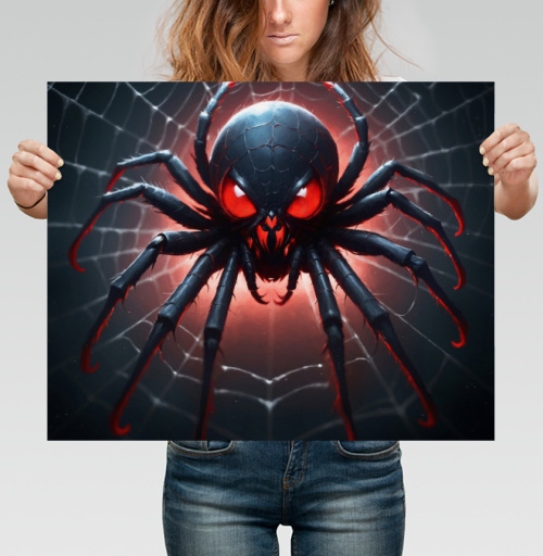 Фотография футболки Жуткий мультяшный паук на паутине контрастный красный черный