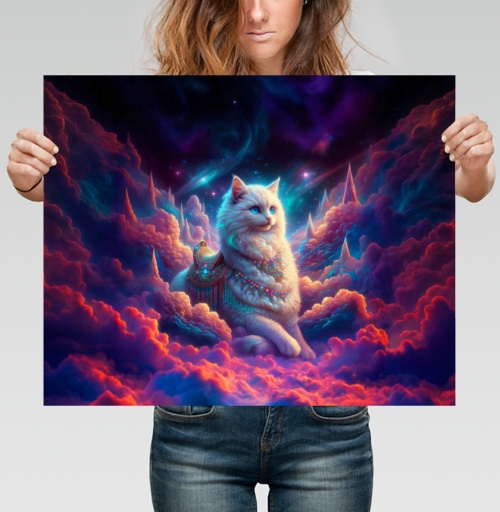 Фотография футболки Красивая белая кошка в космических облаках фантазия