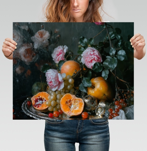 Фотография футболки Натюрморт с фруктами и розами на подносе
