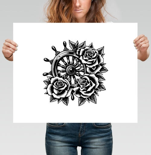 Фотография футболки Штурвал корабля с пышными розами в стиле тату Roses Tattoo Style