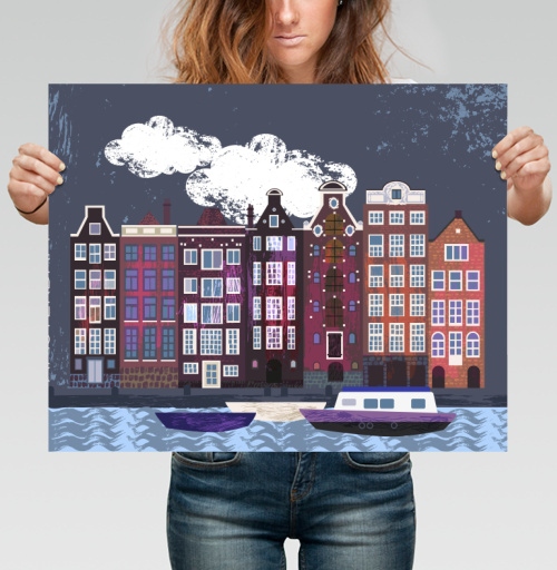 Фотография футболки Вечерние дома Амстердама Amsterdam houses на фоне ночного города